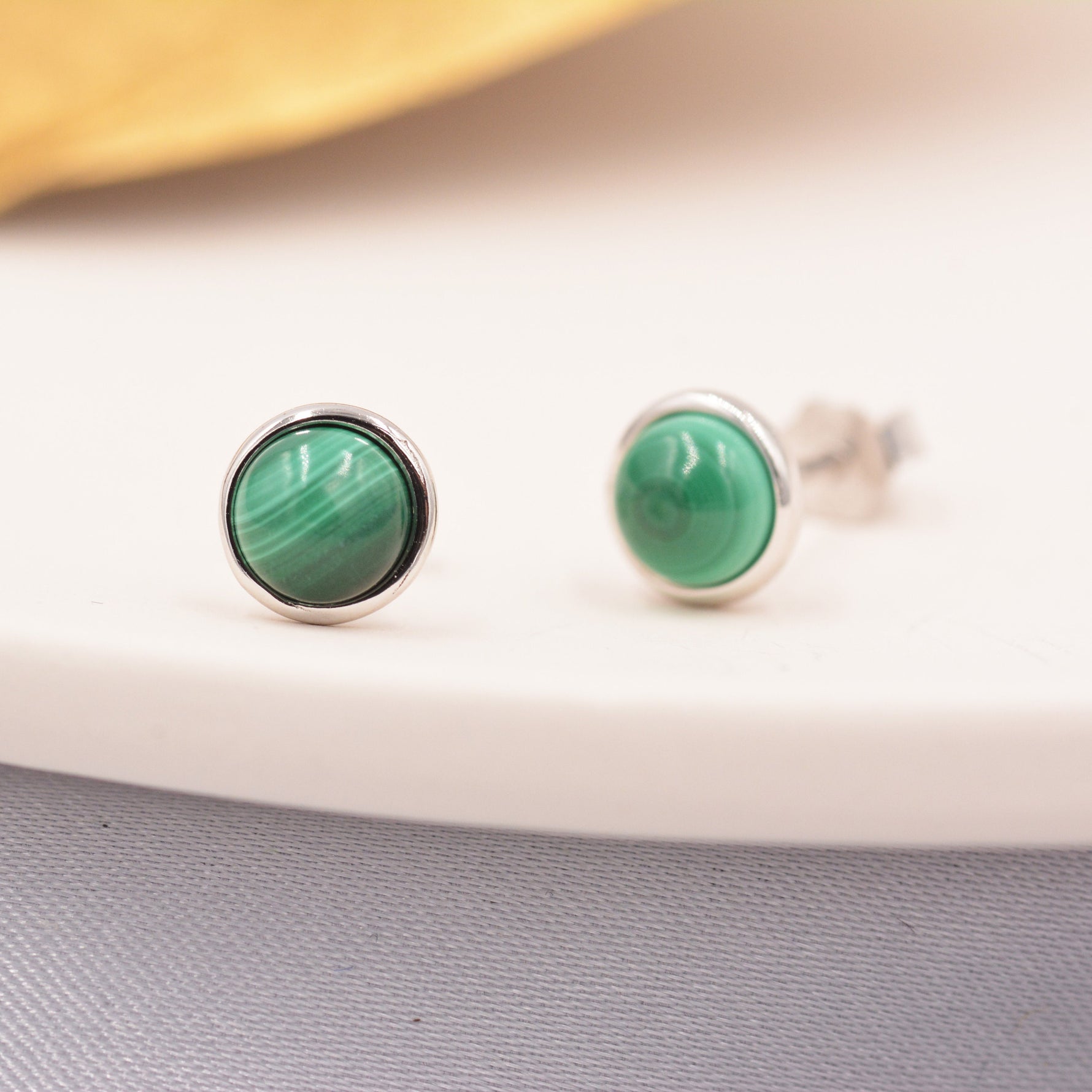 Natural Malachite Stone Stud Earrings in Sterling Silver - 5mm Genuine Malachite Stud Earrings - Semi Precious Gemstone