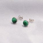 Natural Malachite Stone Stud Earrings in Sterling Silver - 5mm Genuine Malachite Stud Earrings - Semi Precious Gemstone
