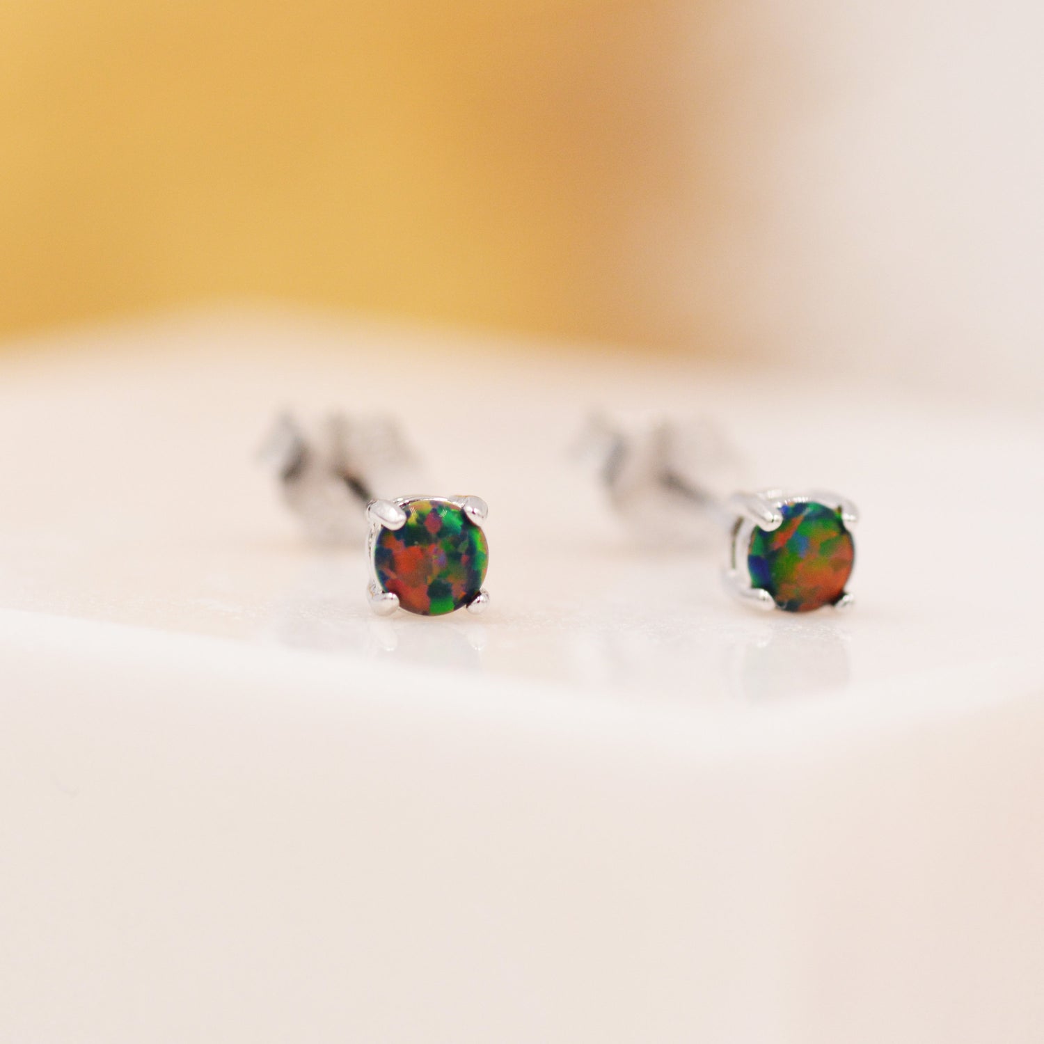 Black Opal Stud Earrings in Sterling Silver - 3 sizes 3mm 4mm 5mm - Lab Opal Stud Earrings - Semi Precious Gemstone