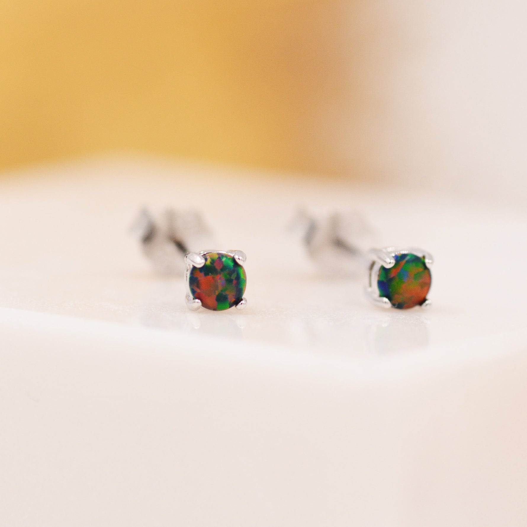 Black Opal Stud Earrings in Sterling Silver - 3 sizes 3mm 4mm 5mm - Lab Opal Stud Earrings - Semi Precious Gemstone