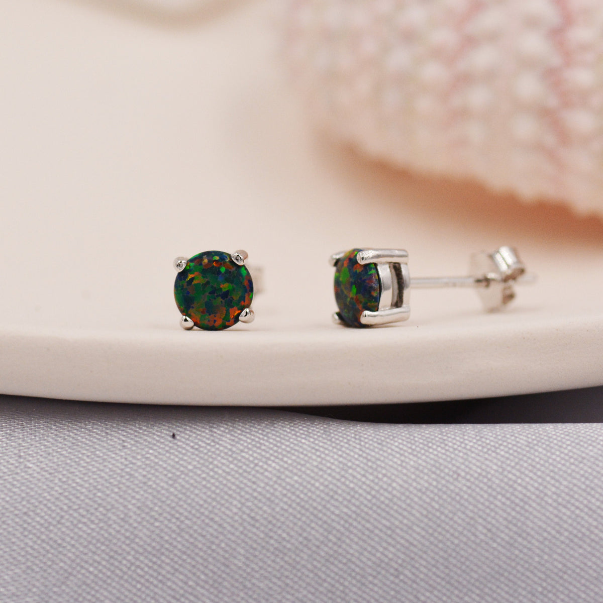 Black Opal Stud Earrings in Sterling Silver - 3 sizes 3mm 4mm 5mm - Lab Opal Stud Earrings - Semi Precious Gemstone
