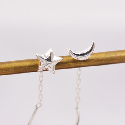 Moon and Star Threader Earrings in Sterling Silver, Mismatched Asymmetric Threader Earrings