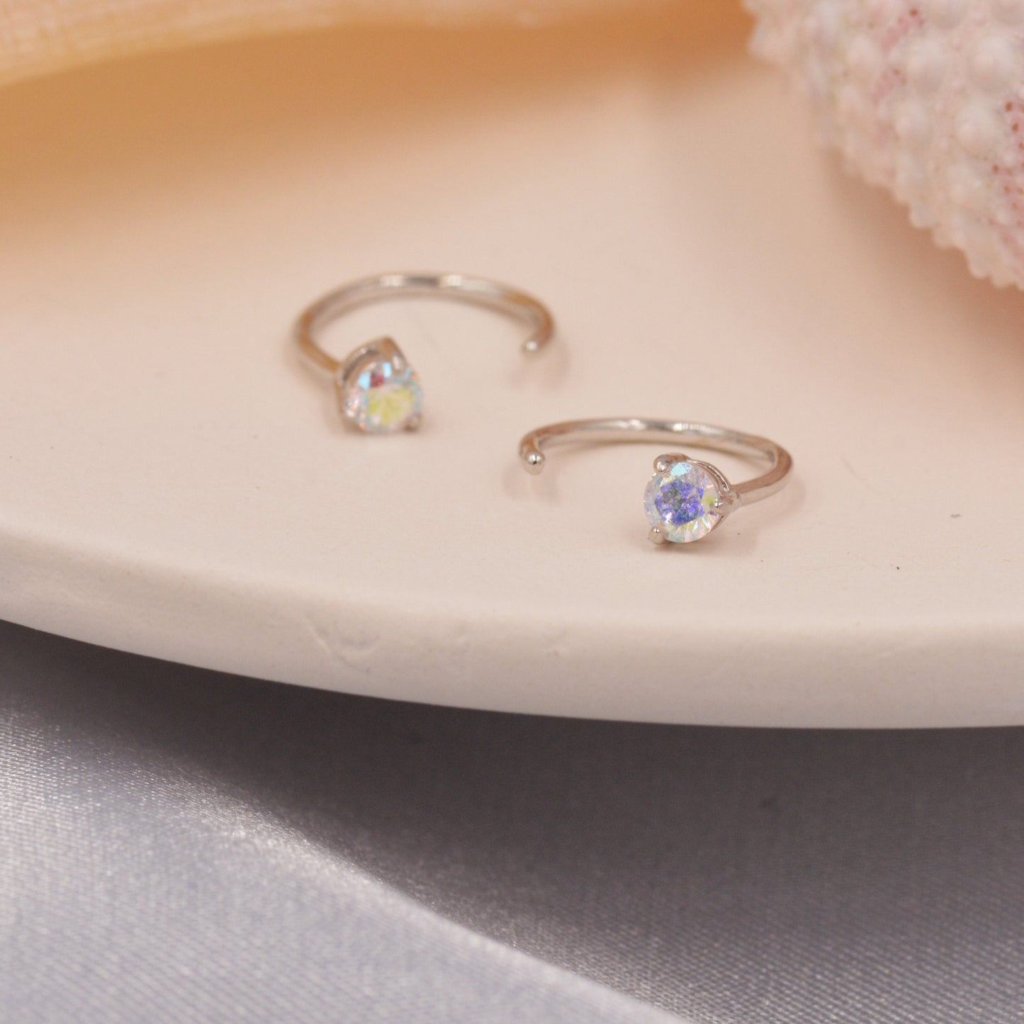 Aurora AB Crystal Tiny CZ Threader Hoop Earrings in Sterling Silver, Silver or Gold, Colour Changing Crystals, Open Hoop Earrings, Huggies