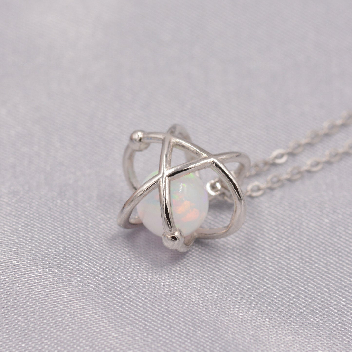 Sterling Silver Orbiting Atom Pendant Necklace with Lab Opal, White or Blue, Tiny and Delicate, Plant, Celestial, Space Jewellery