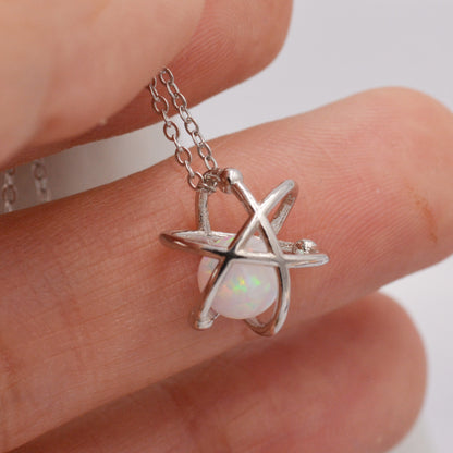 Sterling Silver Orbiting Atom Pendant Necklace with Lab Opal, White or Blue, Tiny and Delicate, Plant, Celestial, Space Jewellery