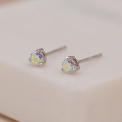 Aurora AB Crystal Tiny CZ Stud Earrings in Sterling Silver, 3mm Colour Changing Crystals, Extra Small