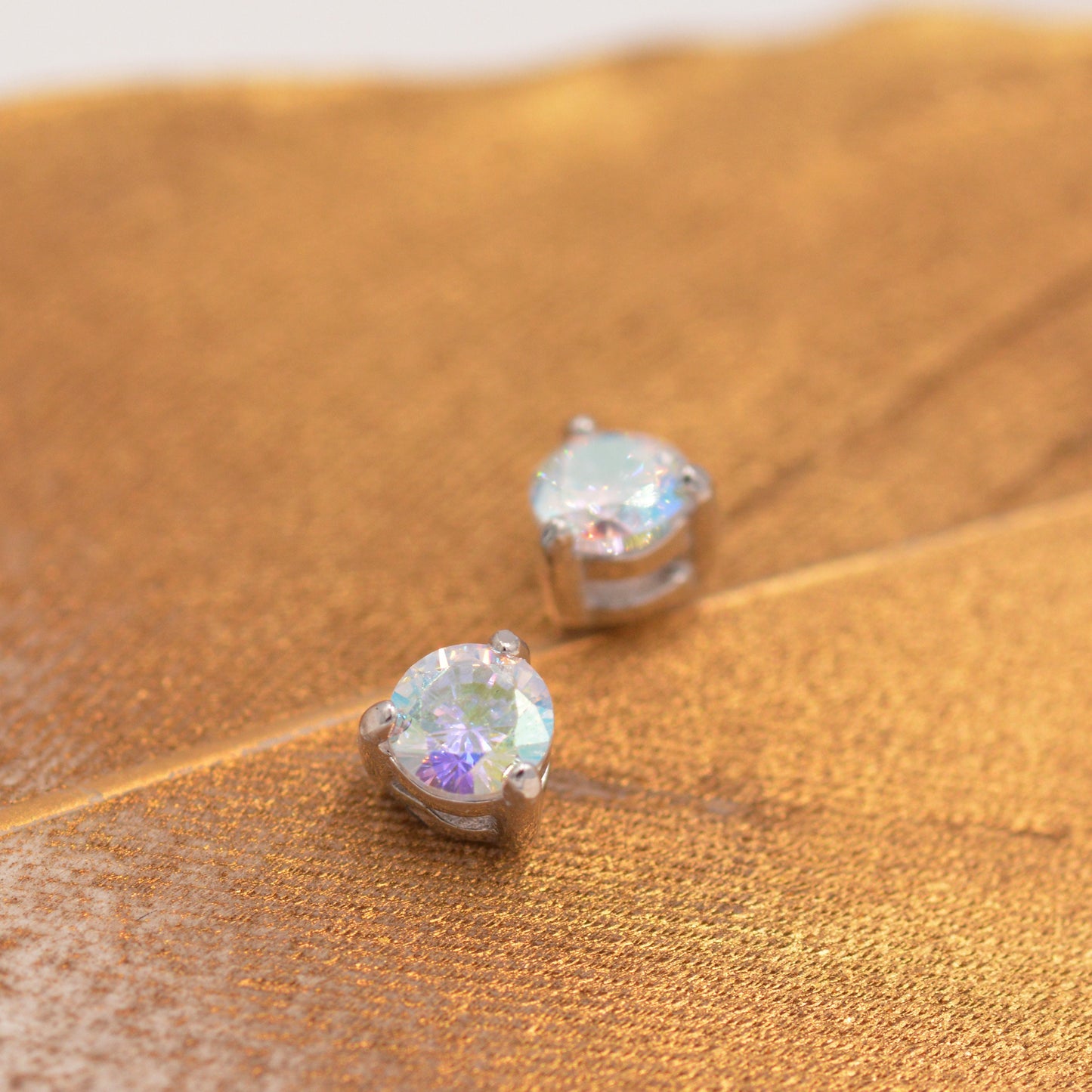 Aurora AB Crystal Tiny CZ Stud Earrings in Sterling Silver, 3mm Colour Changing Crystals, Extra Small