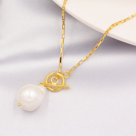 Sterling Silver Genuine Baroque Pearl T Bar Pendant Necklace - Gold Over Sterling Silver - Delicate Keshi Pearl Necklace, 20 Inch