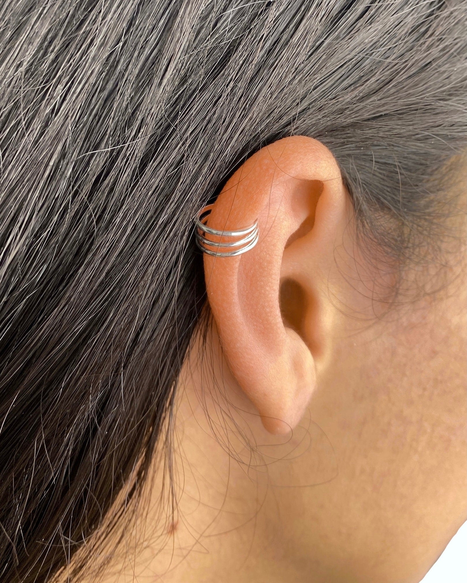 Minimalist Sterling Silver Ear Cuff, No Piercing Ear Cuff, Piercing Free Triple Bar Ear Cuff, Three Bar Cuff,Simple and Minimalist