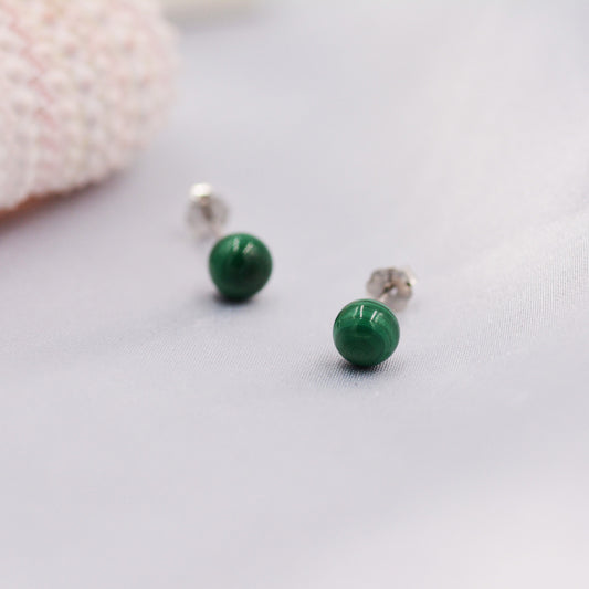 6mm Malachite Stud Earrings in Sterling Silver, Semi-Precious Gemstone Stud Earrings, Genuine Malachite Earrings, Green Gemstone