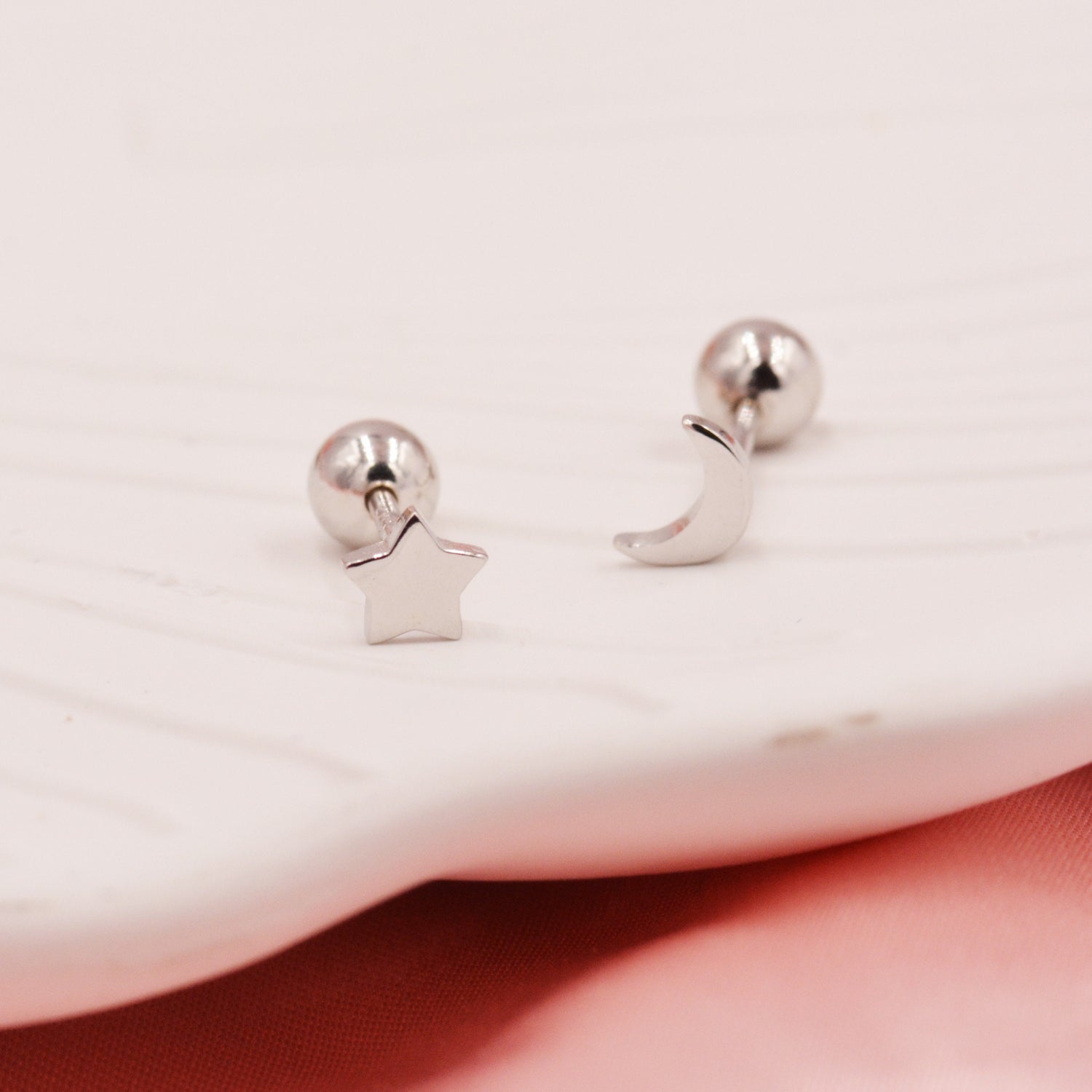 Asymmetric Moon and Star Tiny 18G Screw Back Earrings in Sterling Silver