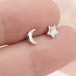 Asymmetric Moon and Star Tiny 18G Screw Back Earrings in Sterling Silver