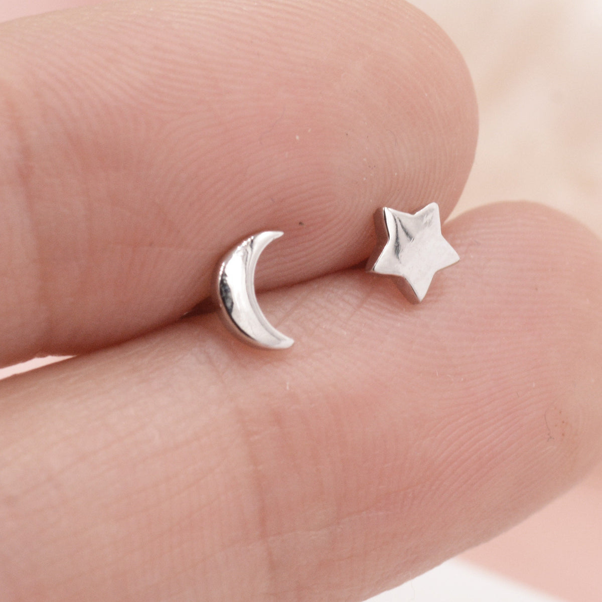 Asymmetric Moon and Star Tiny 18G Screw Back Earrings in Sterling Silver