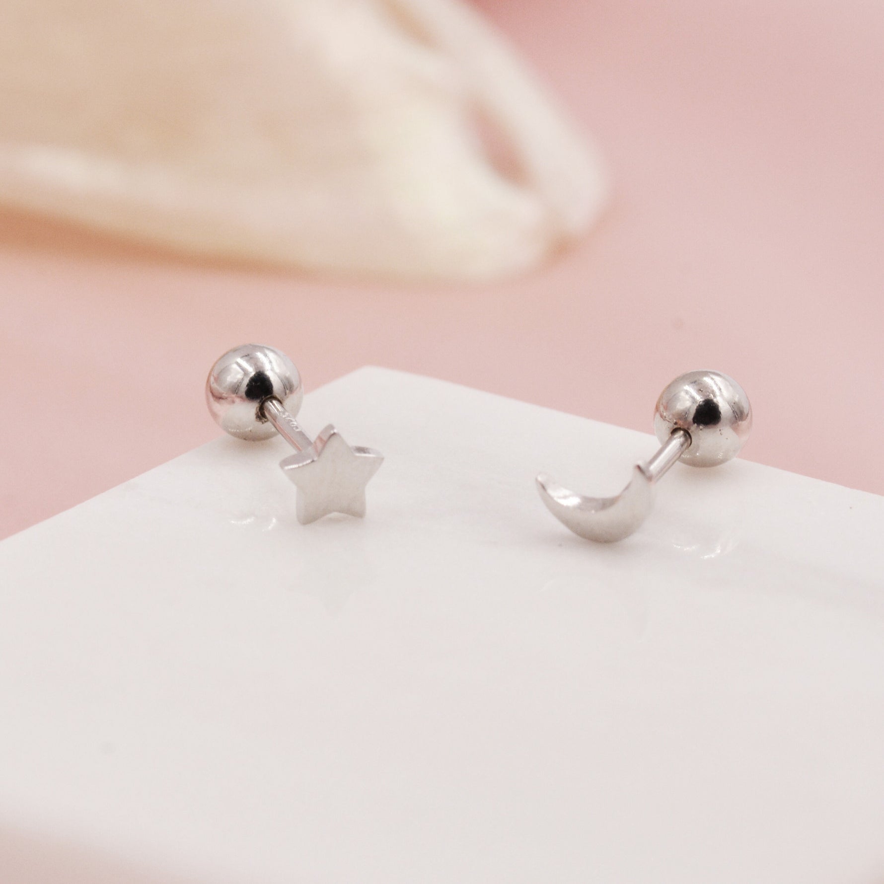 Asymmetric Moon and Star Tiny 18G Screw Back Earrings in Sterling Silver