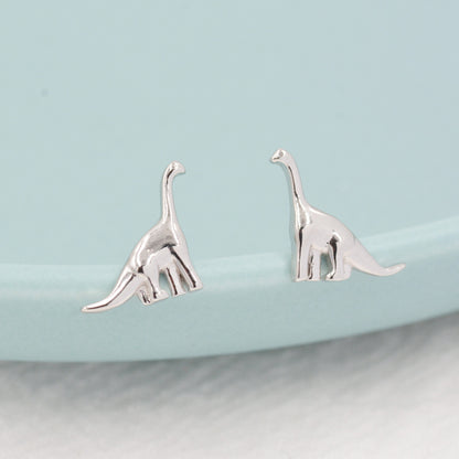 Small Dinosaur Stud Earrings in Sterling Silver, Silver Brachiosaurus Dino Earrings, Silver Dinosaur Earrings