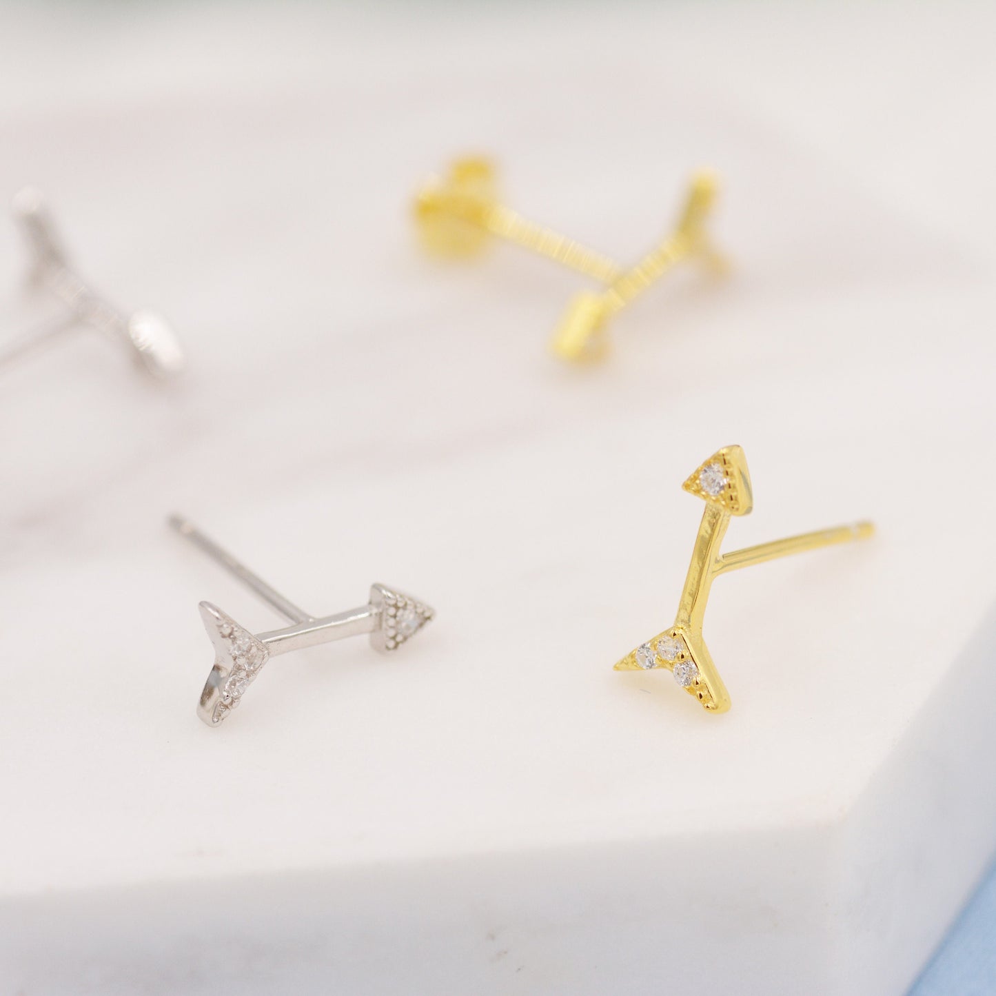 Tiny Arrow CZ Stud Earrings in Sterling Silver, Silver or Gold, Embellished Arrow Earrings, Arrow Stud