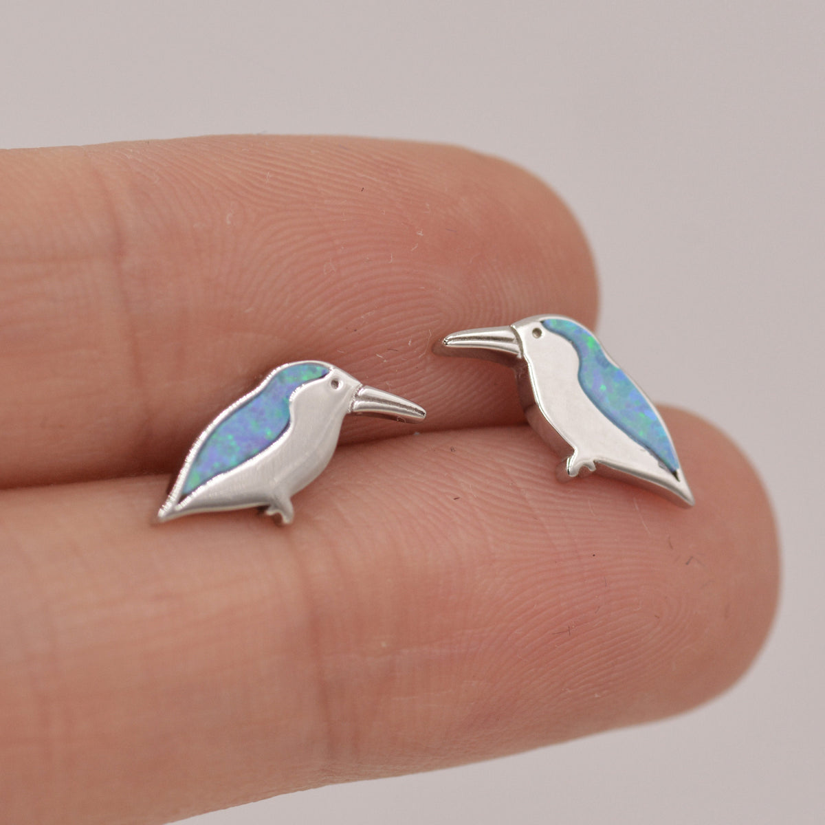 Opal Kingfisher Bird Stud Earrings in Sterling Silver, Blue Opal Bird Earrings, Nature Inspired Design