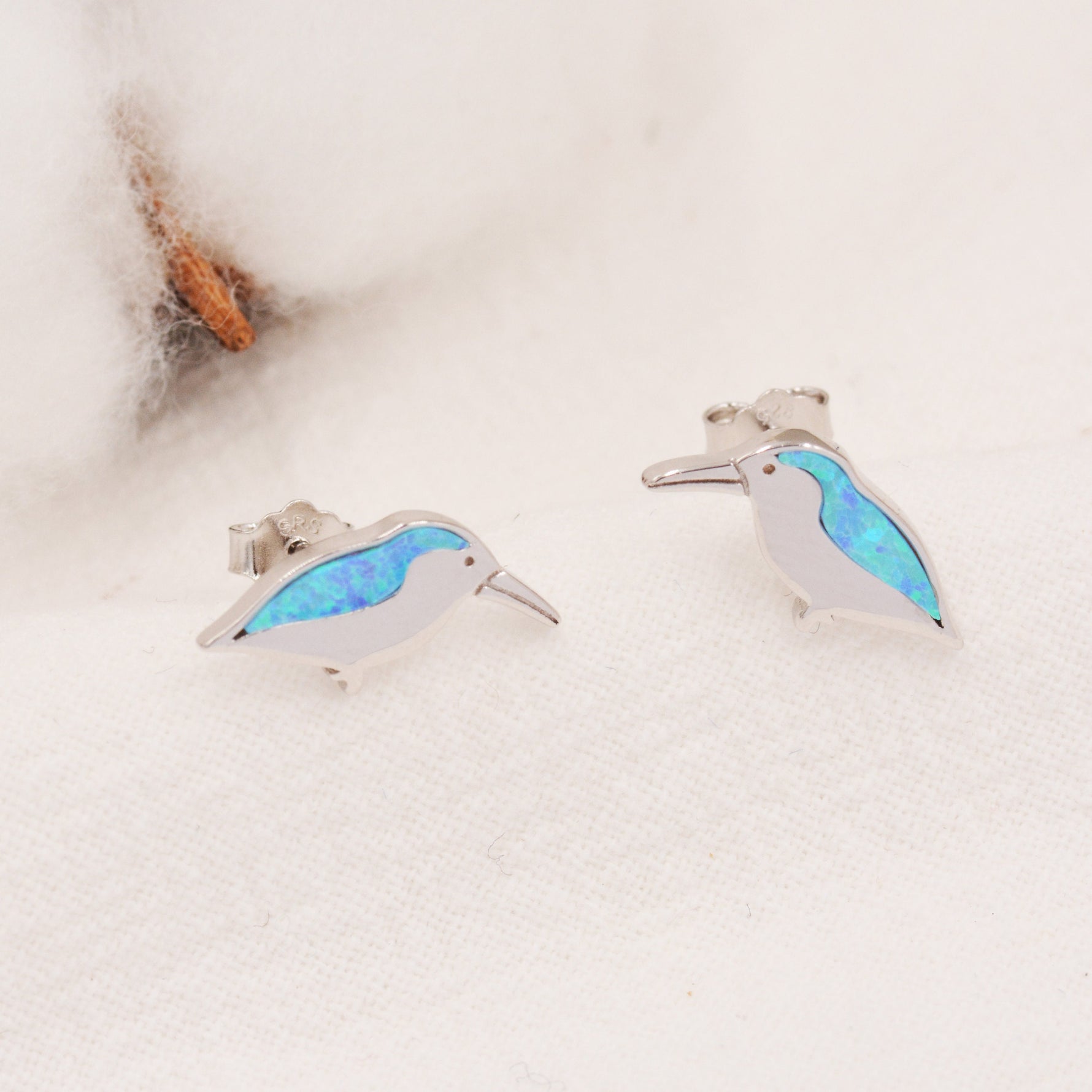 Opal Kingfisher Bird Stud Earrings in Sterling Silver, Blue Opal Bird Earrings, Nature Inspired Design