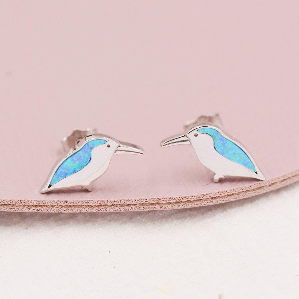 Opal Kingfisher Bird Stud Earrings in Sterling Silver, Blue Opal Bird Earrings, Nature Inspired Design