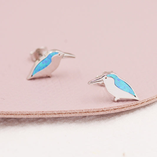 Opal Kingfisher Bird Stud Earrings in Sterling Silver, Blue Opal Bird Earrings, Nature Inspired Design