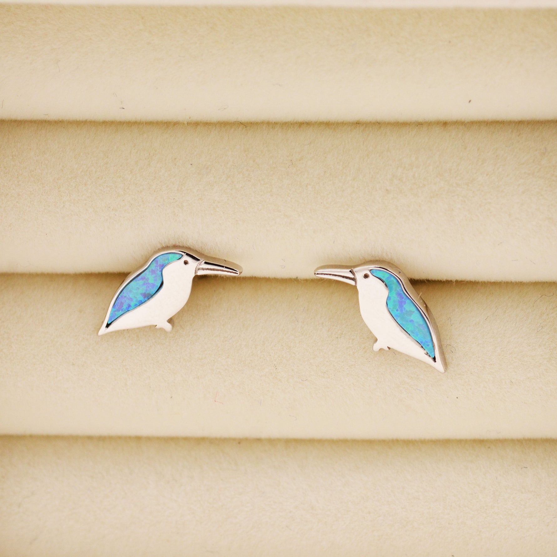 Opal Kingfisher Bird Stud Earrings in Sterling Silver, Blue Opal Bird Earrings, Nature Inspired Design