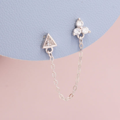 Sold as one piece! Sterling Silver Chained Earrings for Multiple Piercings, Silver or Gold, Trinity Three CZ Dot , Triangle Chain Earrings