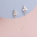 Sold as one piece! Sterling Silver Chained Earrings for Multiple Piercings, Silver or Gold, Trinity Three CZ Dot , Triangle Chain Earrings
