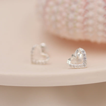 Small Pair of Open Heart Earrings in Sterling Silver with Sparkly CZ Crystals, Small Heart Earrings, CZ Heart Earrings