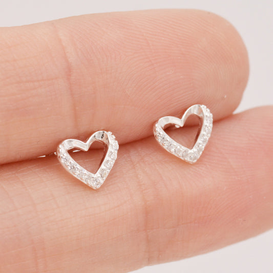 Small Pair of Open Heart Earrings in Sterling Silver with Sparkly CZ Crystals, Small Heart Earrings, CZ Heart Earrings