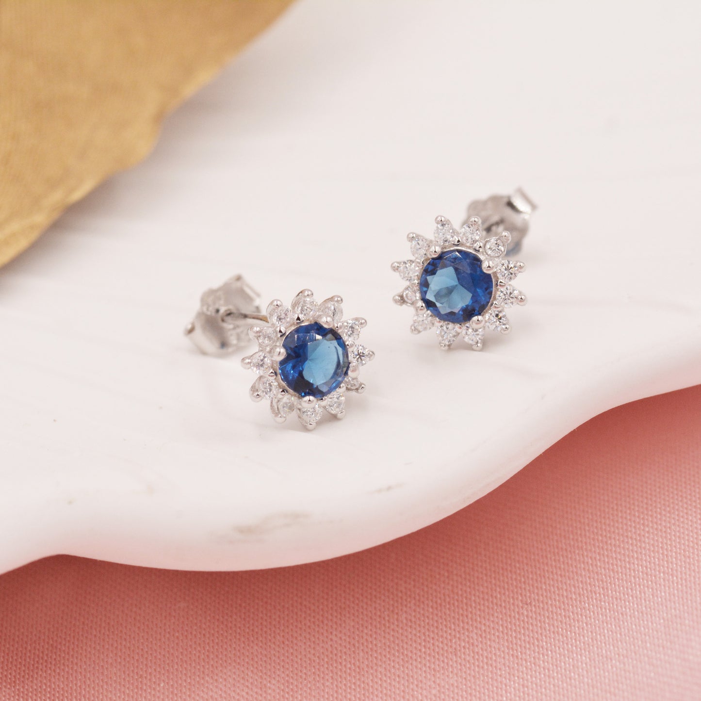 Sapphire Flower Stud Earrings in Sterling Silver, Gold or Silver, Simulated Sapphire Flower Earrings, Blue CZ Flower Earrings