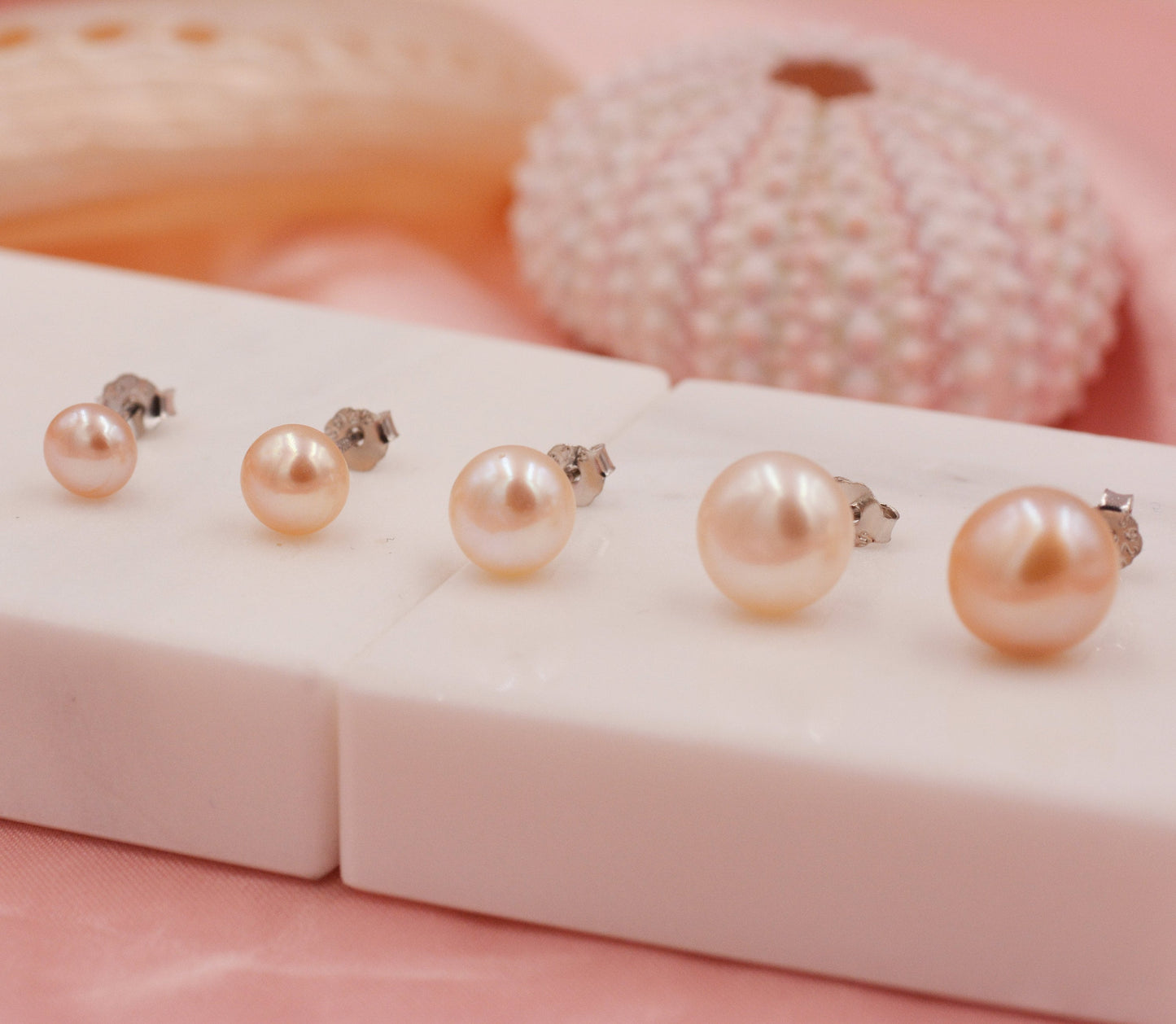 Genuine Pink Pearl Stud Earrings in Sterling Silver, 5mm - 8mm, Small Pearl Stud and Large Pearl Stud, Silver pearl Earrings,