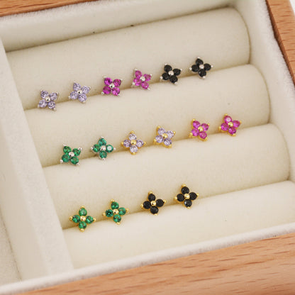 CZ Flower Stud Earrings in Sterling Silver, Crystal Flower Earrings, Amethyst, Ruby, Emerald and Black Diamond, Four Crystal Stud