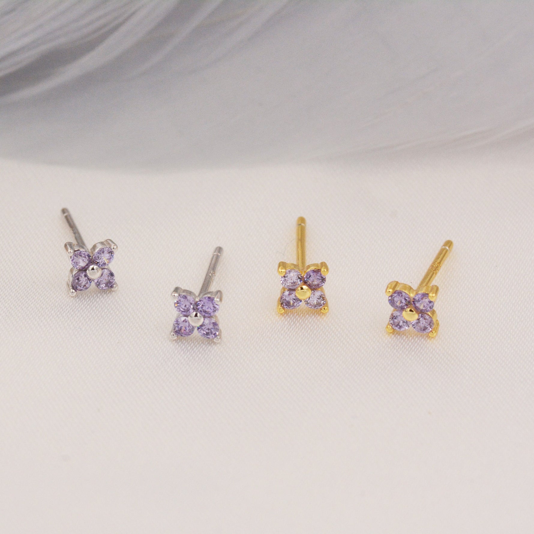 CZ Flower Stud Earrings in Sterling Silver, Crystal Flower Earrings, Amethyst, Ruby, Emerald and Black Diamond, Four Crystal Stud