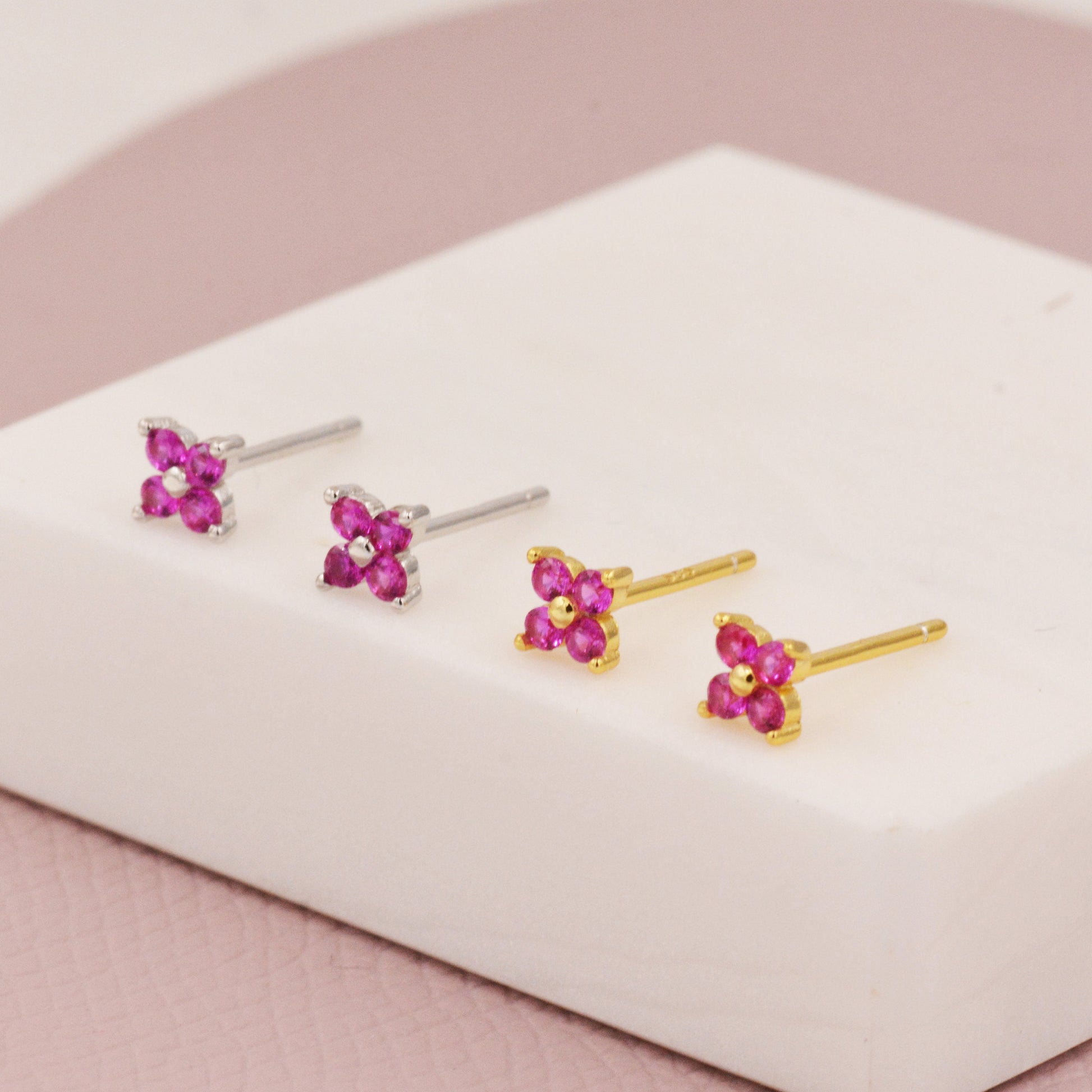 CZ Flower Stud Earrings in Sterling Silver, Crystal Flower Earrings, Amethyst, Ruby, Emerald and Black Diamond, Four Crystal Stud