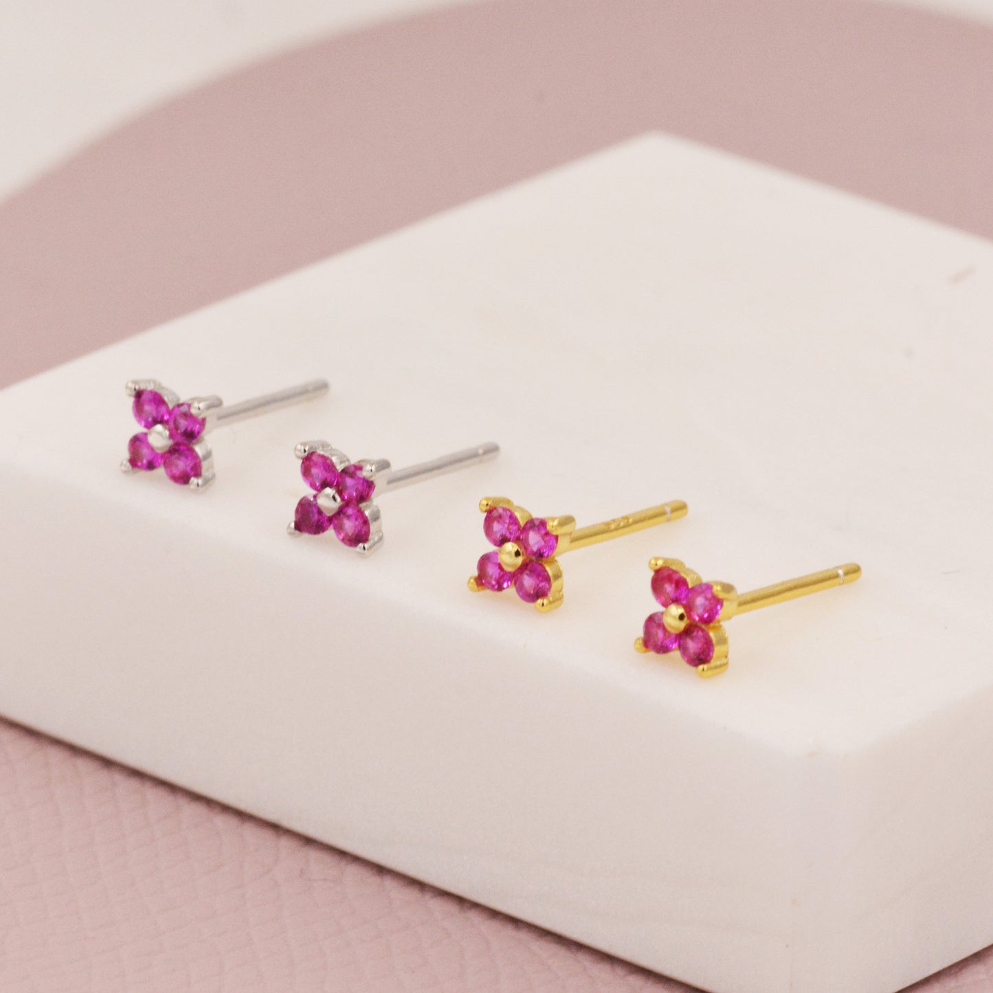 CZ Flower Stud Earrings in Sterling Silver, Crystal Flower Earrings, Amethyst, Ruby, Emerald and Black Diamond, Four Crystal Stud