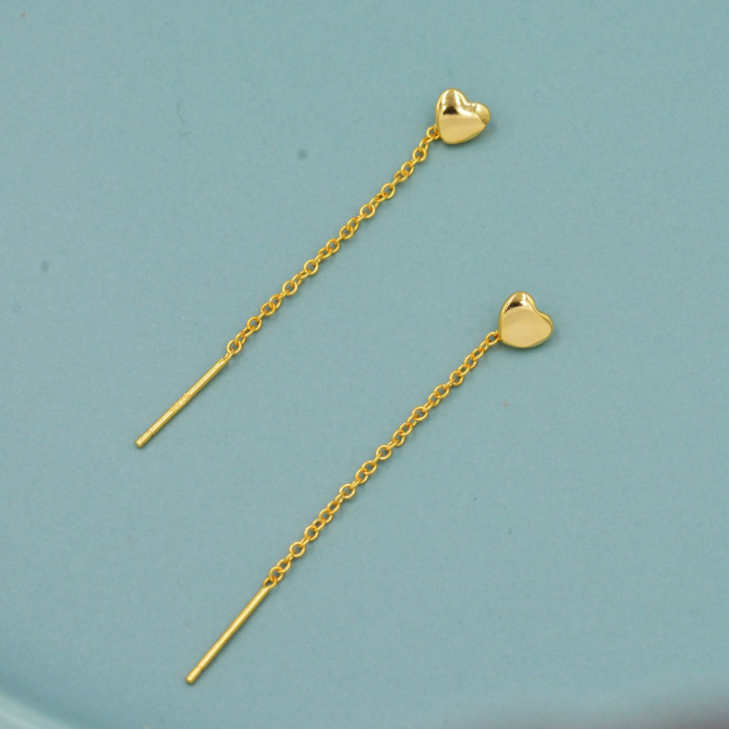 Delicate Tiny Heart Ear Threaders, Small Heart Threader Earrings, Pull Through Heart Earrings, Silver or Gold