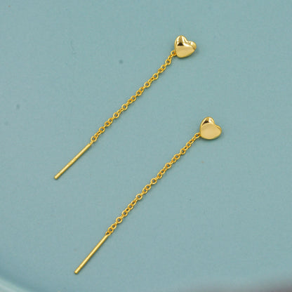 Delicate Tiny Heart Ear Threaders, Small Heart Threader Earrings, Pull Through Heart Earrings, Silver or Gold