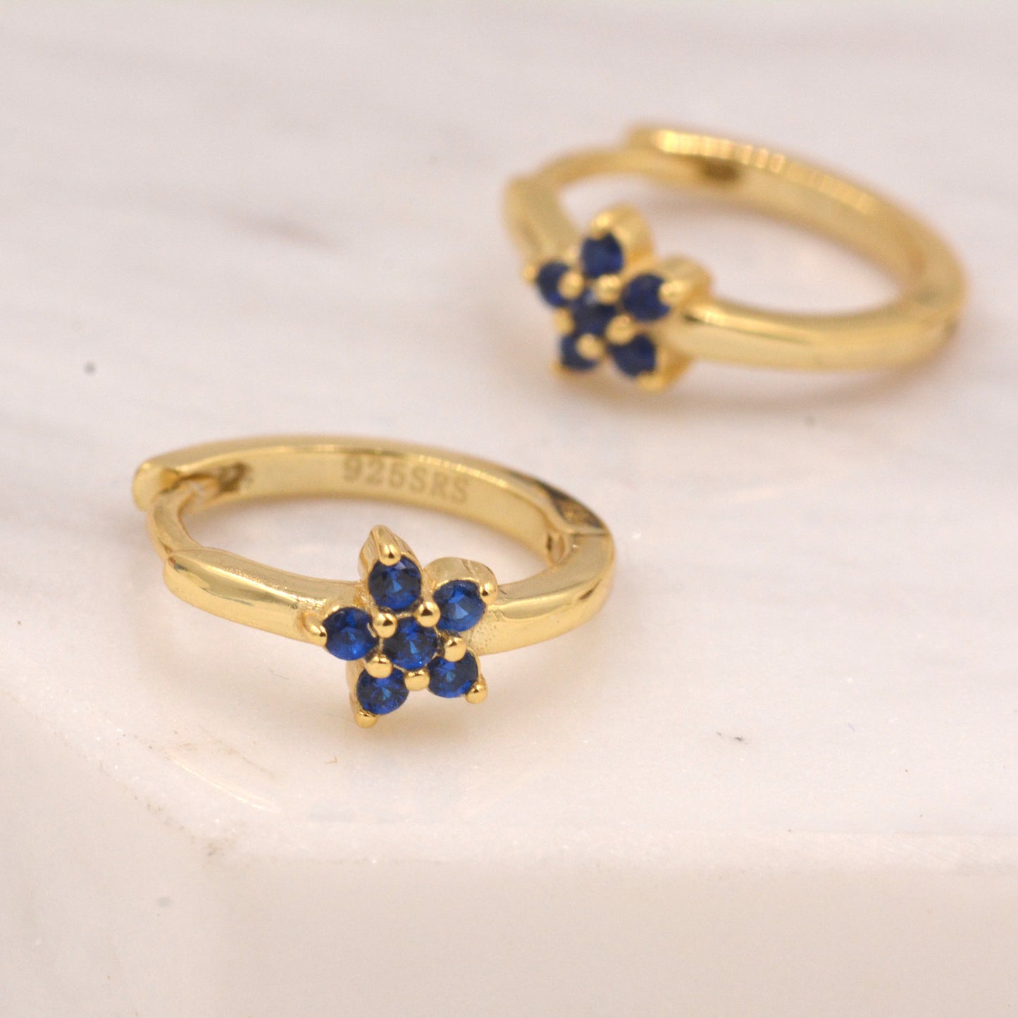 Tiny Sapphire Blue CZ Flower Huggie Hoops, CZ Hoop Earrings, Crystal Flower Huggie Earrings, September Birthstone