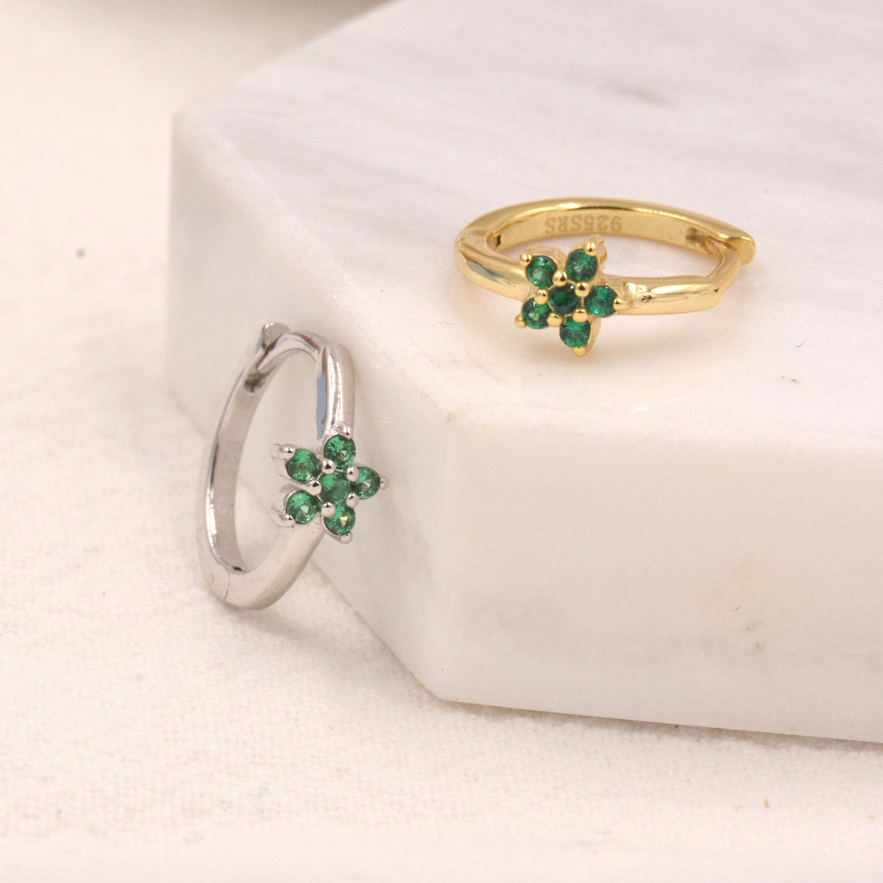 Tiny Emerald Green CZ Flower Huggie Hoops, CZ Hoop Earrings, Crystal Flower Huggie Earrings, Emerald Huggie Earrings
