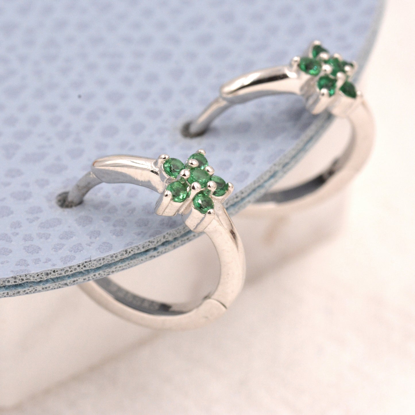 Tiny Emerald Green CZ Flower Huggie Hoops, CZ Hoop Earrings, Crystal Flower Huggie Earrings, Emerald Huggie Earrings