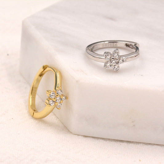 Tiny CZ Flower Huggie Hoops, CZ Hoop Earrings, Crystal Flower Huggie Earrings