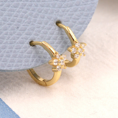 Tiny CZ Flower Huggie Hoops, CZ Hoop Earrings, Crystal Flower Huggie Earrings