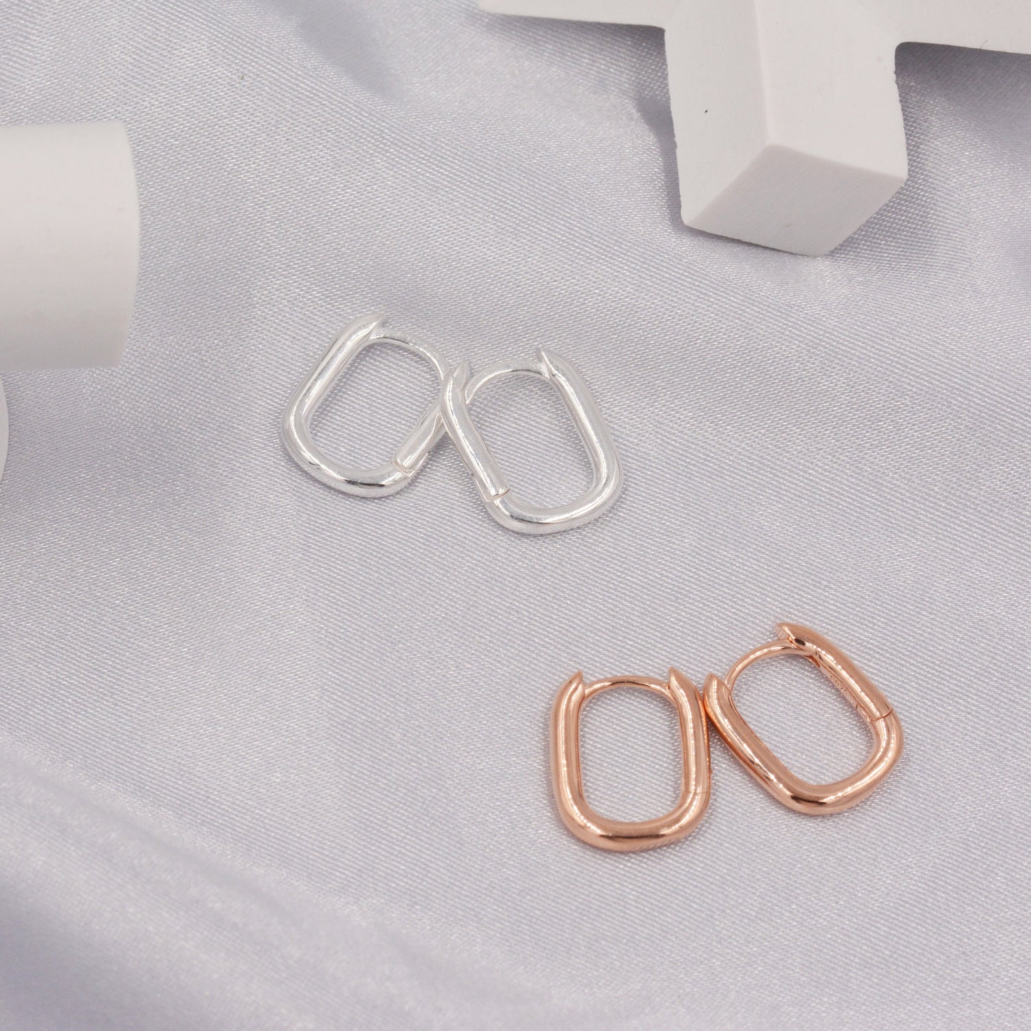 Pair of Mini Rectangular Hoop Earrings in Sterling Silver, Oval Hoop Earrings, Silver or Rose Gold, Square Hoop Earrings