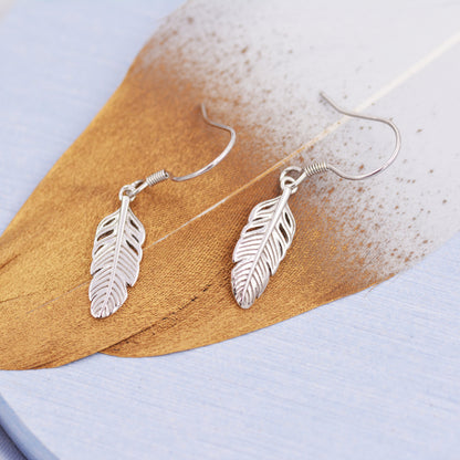 Sterling Silver Feather Drop Hook Earrings, Silver or Gold or Rose Gold, Delicate Feather Dangle Earrings, Nature Inspired