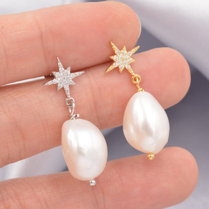 Starburst Star with Dangling Baroque Pearl Drop Earrings in Sterling Silver, Keshi Pearl Earrings,  Genuine Freshwater Pearls