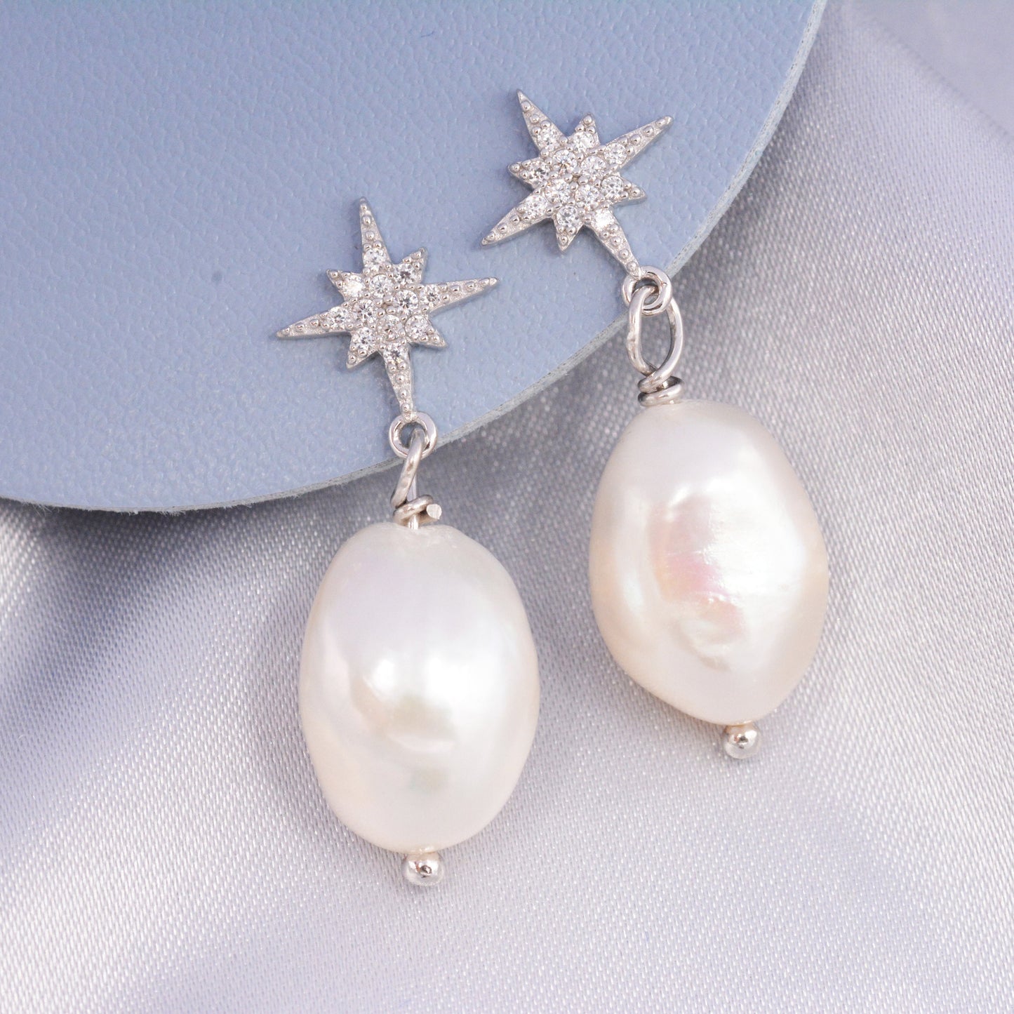 Starburst Star with Dangling Baroque Pearl Drop Earrings in Sterling Silver, Keshi Pearl Earrings,  Genuine Freshwater Pearls