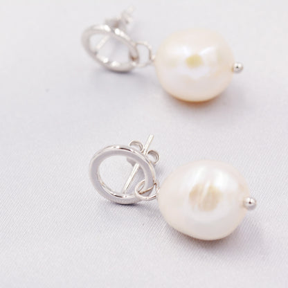 Circle with Dangling Baroque Pearl Drop Stud Earrings in Sterling Silver, Keshi Pearl Earrings, Gold or Silver, Genuine Pearls