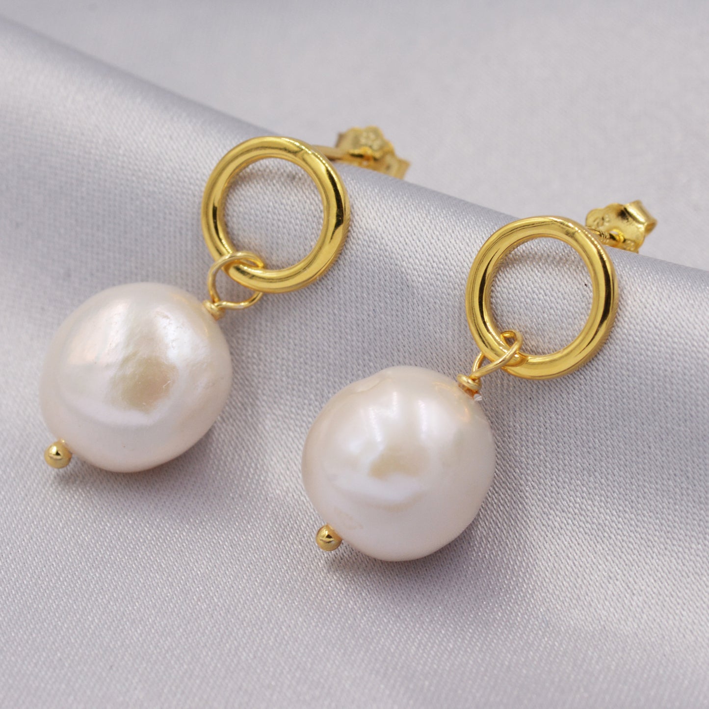 Circle with Dangling Baroque Pearl Drop Stud Earrings in Sterling Silver, Keshi Pearl Earrings, Gold or Silver, Genuine Pearls