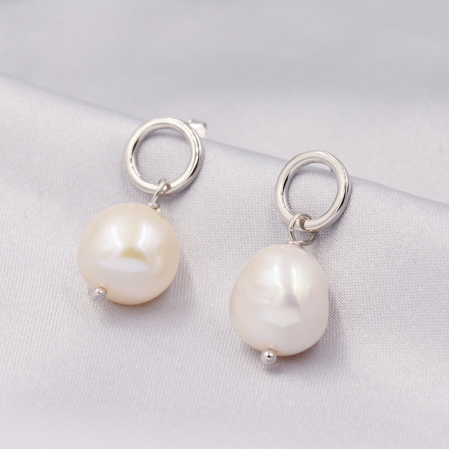 Circle with Dangling Baroque Pearl Drop Stud Earrings in Sterling Silver, Keshi Pearl Earrings, Gold or Silver, Genuine Pearls