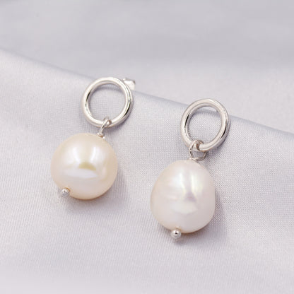 Circle with Dangling Baroque Pearl Drop Stud Earrings in Sterling Silver, Keshi Pearl Earrings, Gold or Silver, Genuine Pearls